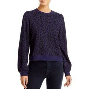 Goldie Puff Sleeve Leopard Crewneck Sweatshirt XS Navy Black
